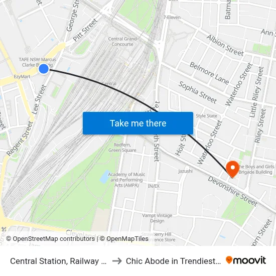Central Station, Railway Square, Stand M to Chic Abode in Trendiest Suburb, Sydney map