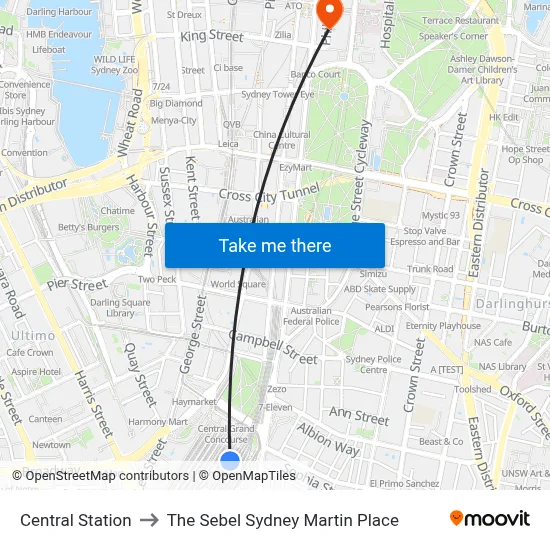 Central Station to The Sebel Sydney Martin Place map