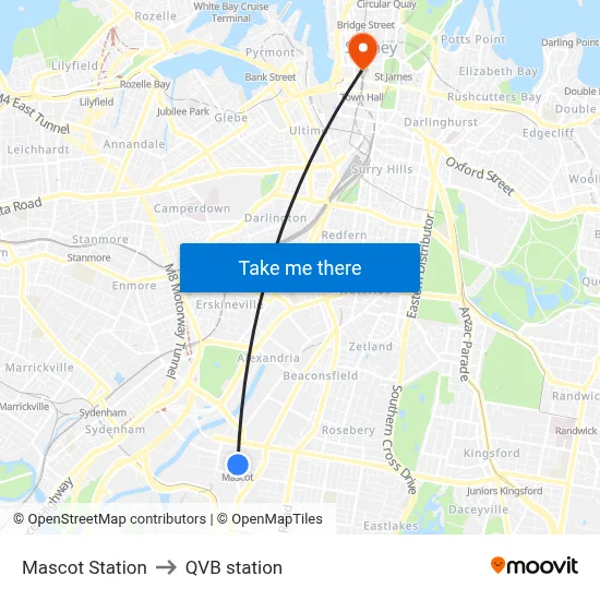 Mascot Station to QVB station map