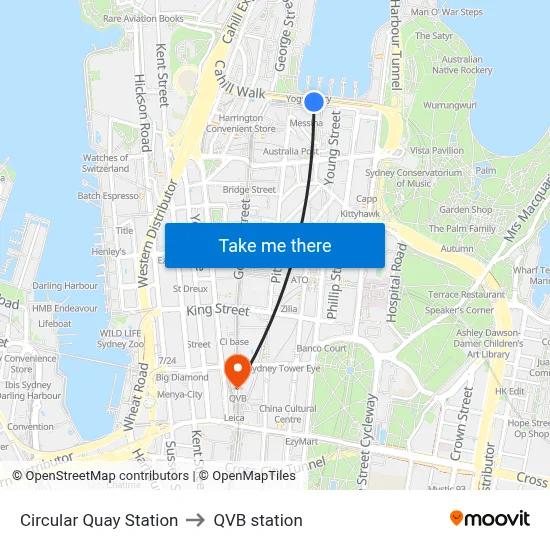 Circular Quay Station to QVB station map