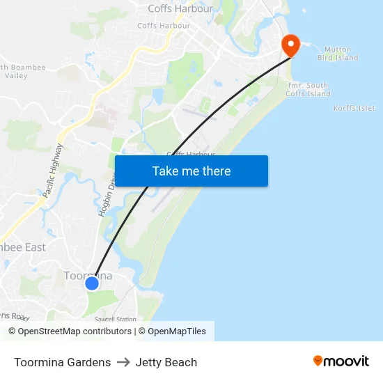 Toormina Gardens to Jetty Beach map