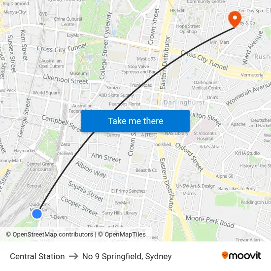 Central Station to No 9 Springfield, Sydney map