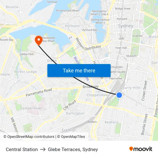 Central Station to Glebe Terraces, Sydney map