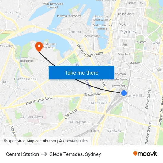 Central Station to Glebe Terraces, Sydney map