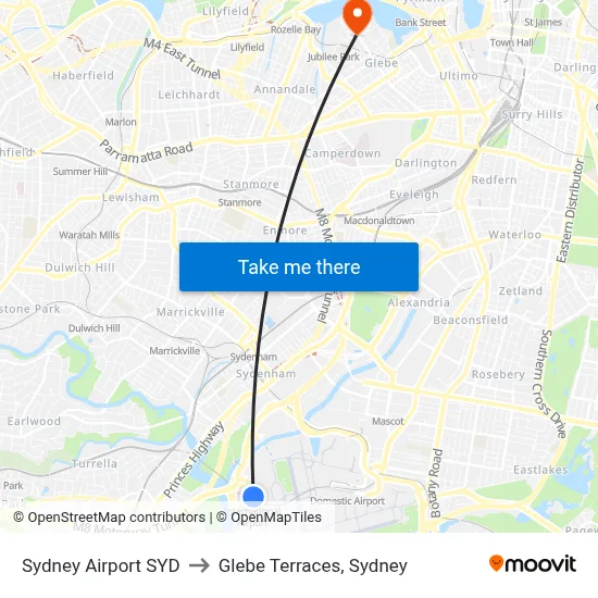 Sydney Airport SYD to Glebe Terraces, Sydney map