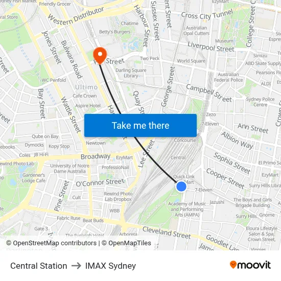 Central Station to IMAX Sydney map