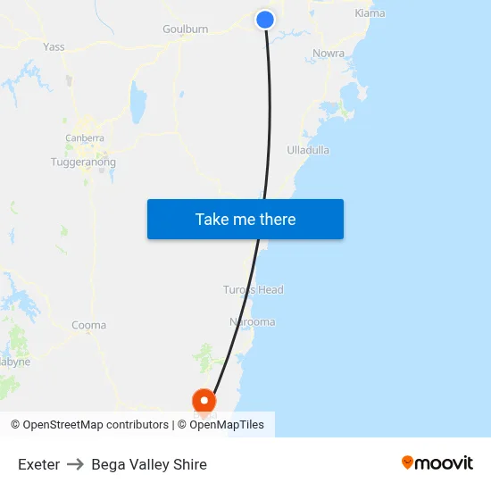 Exeter to Bega Valley Shire map