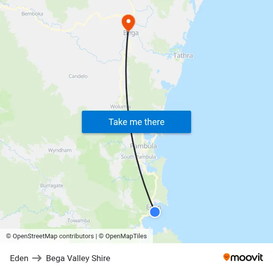 Eden to Bega Valley Shire map