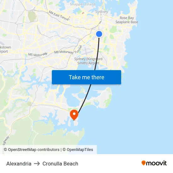 Alexandria to Cronulla Beach map