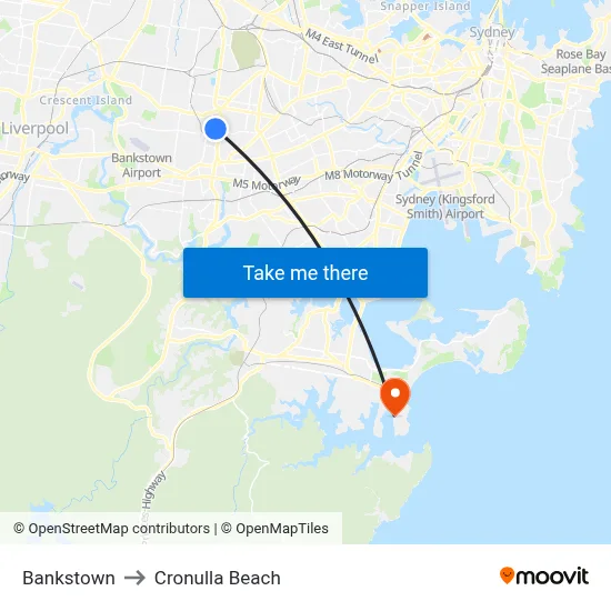 Bankstown to Cronulla Beach map
