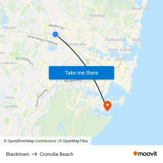 Blacktown to Cronulla Beach map