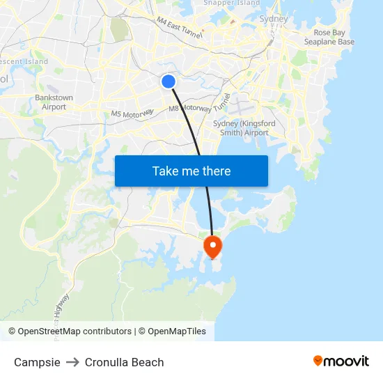 Campsie to Cronulla Beach map