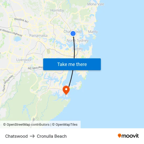 Chatswood to Cronulla Beach map