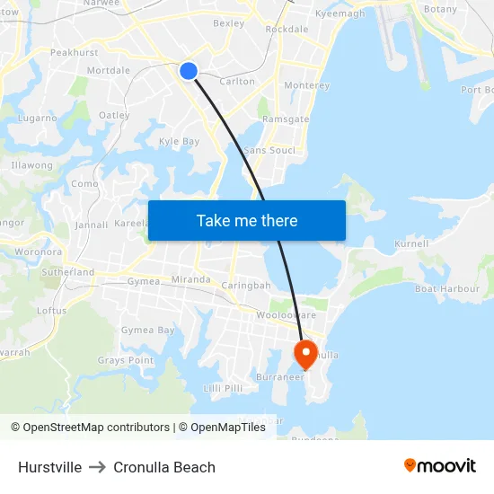 Hurstville to Cronulla Beach map
