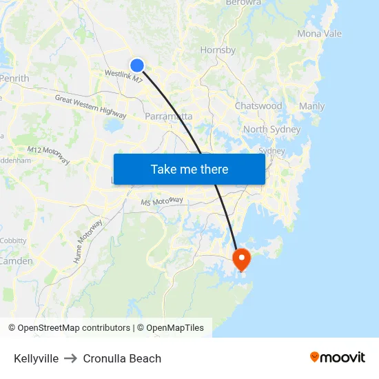 Kellyville to Cronulla Beach map