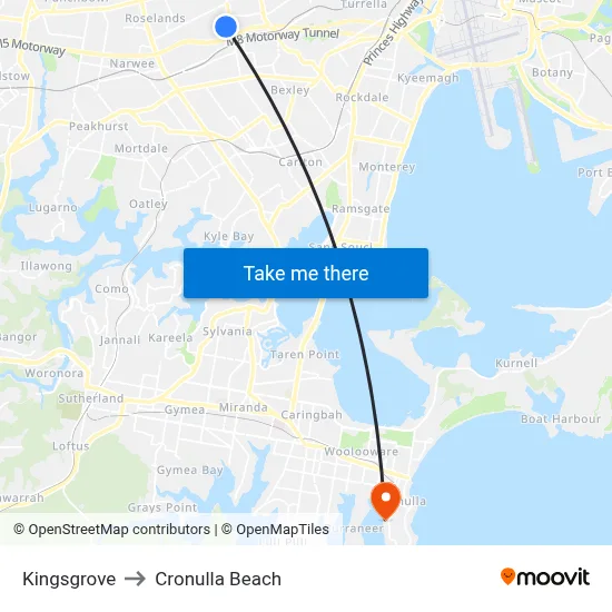 Kingsgrove to Cronulla Beach map