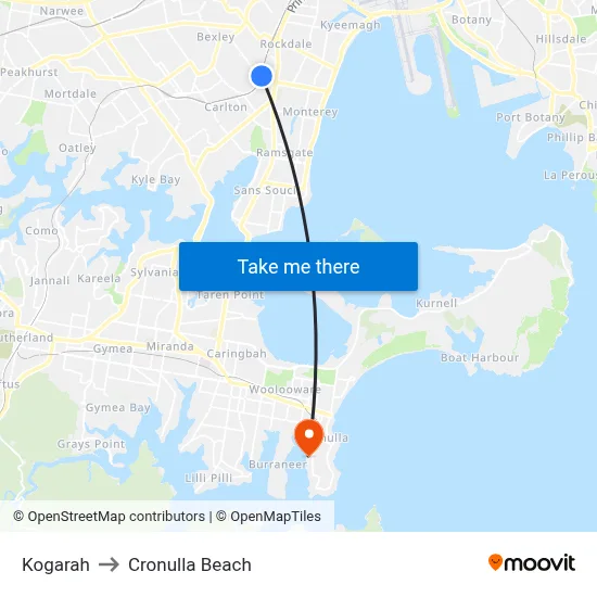 Kogarah to Cronulla Beach map