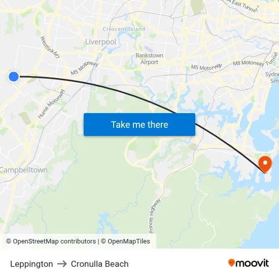 Leppington to Cronulla Beach map