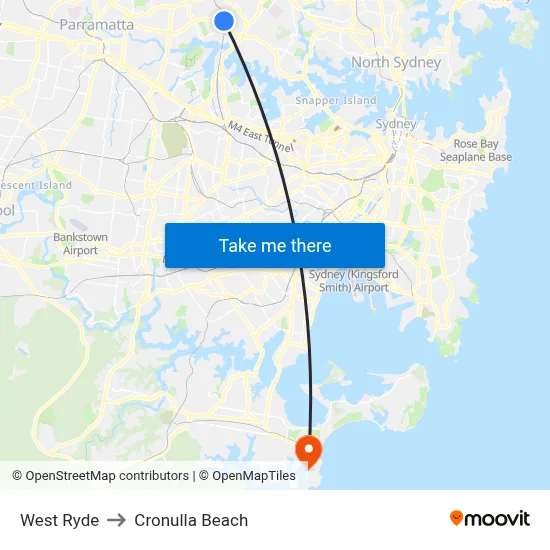 West Ryde to Cronulla Beach map
