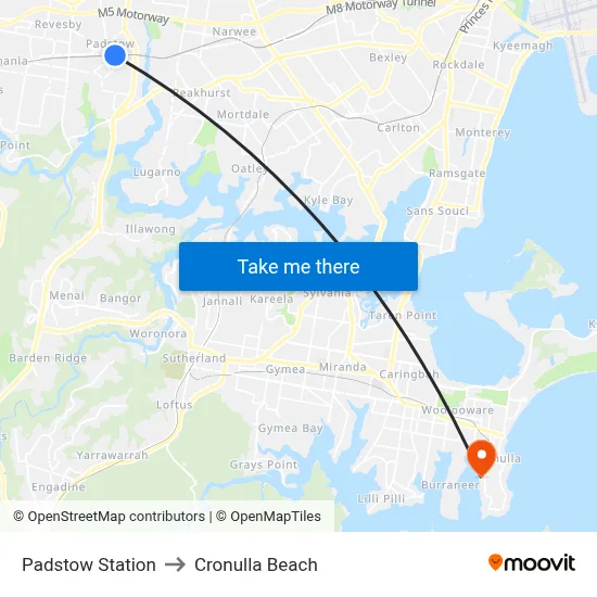 Padstow Station to Cronulla Beach map