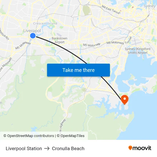 Liverpool Station to Cronulla Beach map