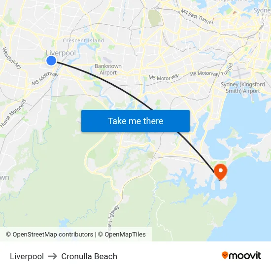 Liverpool to Cronulla Beach map
