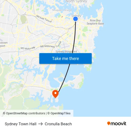 Sydney Town Hall to Cronulla Beach map