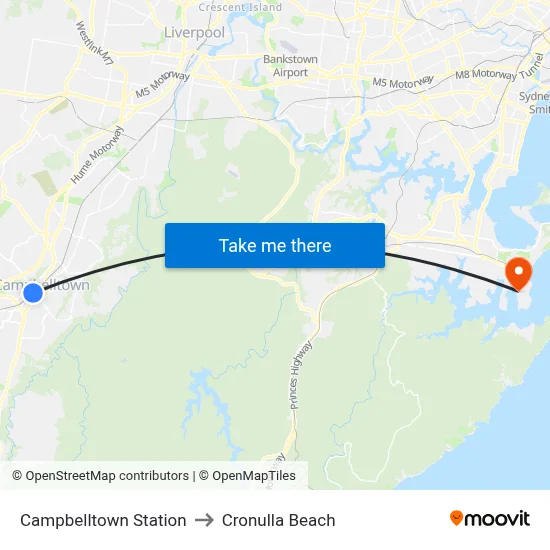 Campbelltown Station to Cronulla Beach map