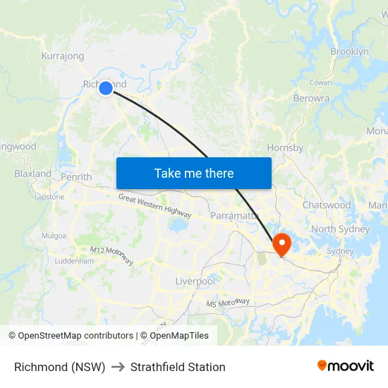 Richmond (NSW) to Strathfield Station map