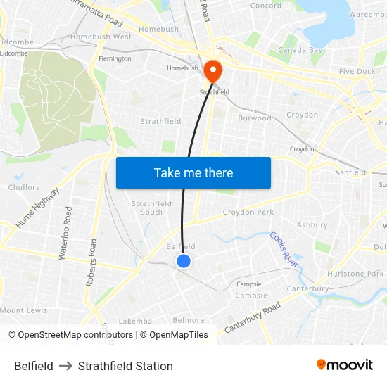Belfield to Strathfield Station map
