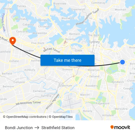 Bondi Junction to Strathfield Station map