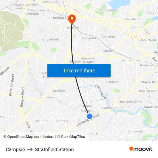 Campsie to Strathfield Station map