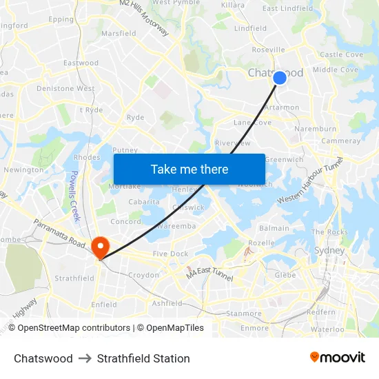 Chatswood to Strathfield Station map