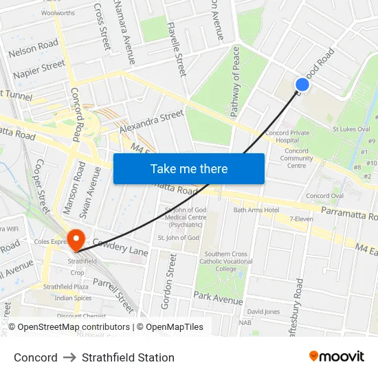 Concord to Strathfield Station map