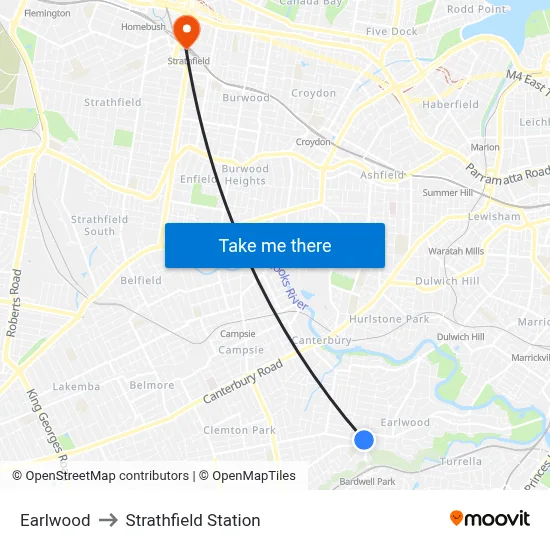 Earlwood to Strathfield Station map
