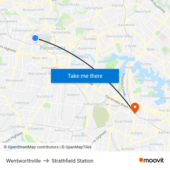 Wentworthville to Strathfield Station map