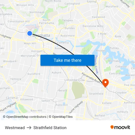 Westmead to Strathfield Station map