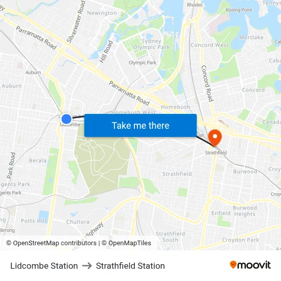 Lidcombe Station to Strathfield Station map