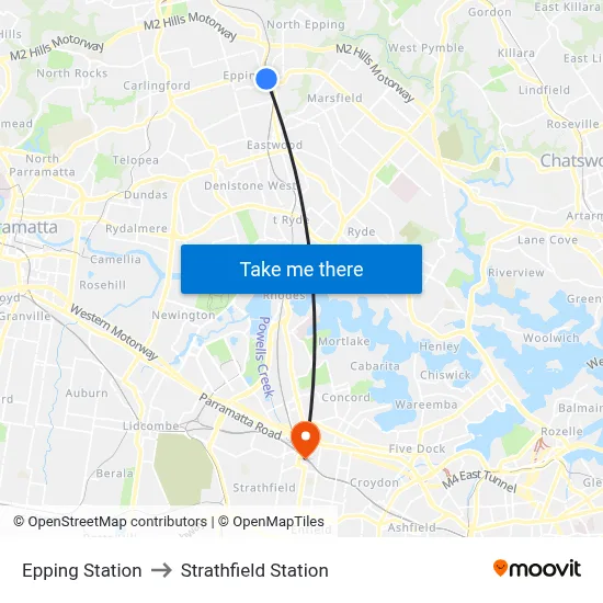 Epping Station to Strathfield Station map