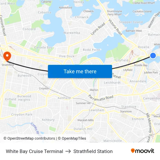 White Bay Cruise Terminal to Strathfield Station map