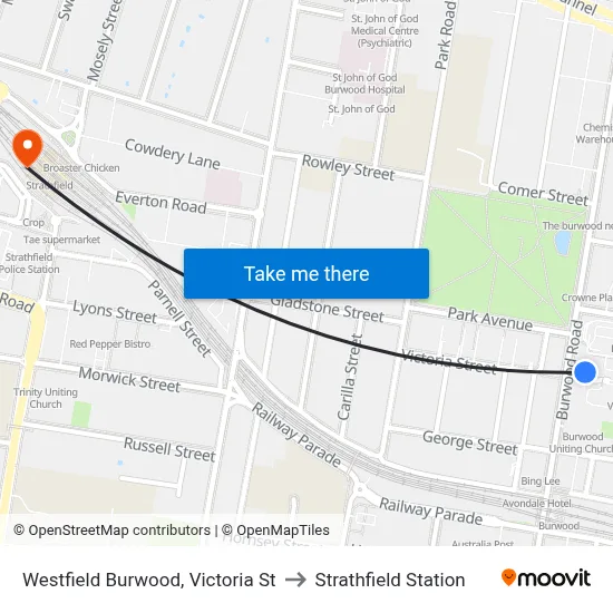 Westfield Burwood, Victoria St to Strathfield Station map
