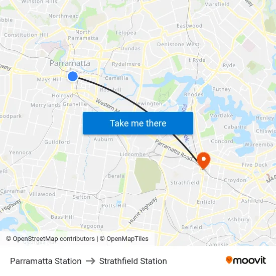 Parramatta Station to Strathfield Station map