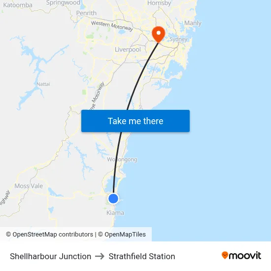 Shellharbour Junction to Strathfield Station map