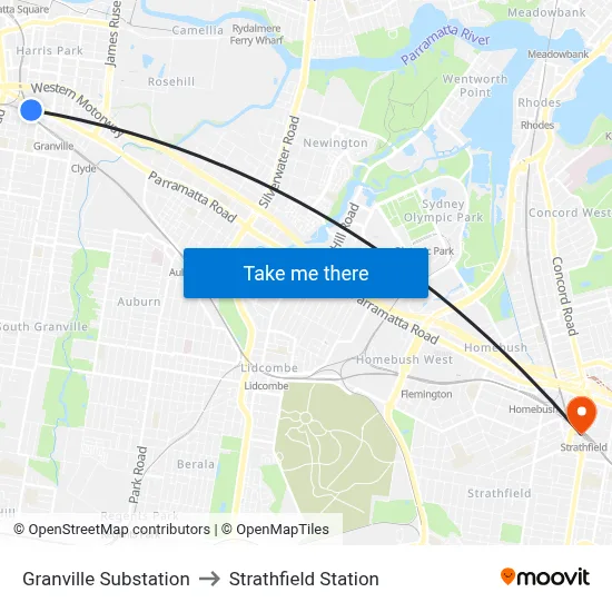 Granville Substation to Strathfield Station map