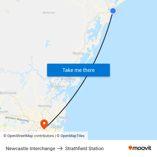 Newcastle Interchange to Strathfield Station map