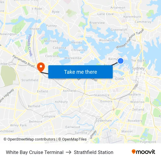 White Bay Cruise Terminal to Strathfield Station map