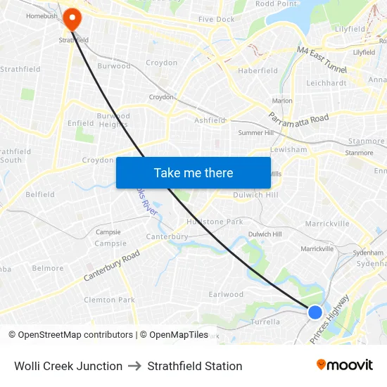Wolli Creek Junction to Strathfield Station map