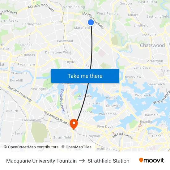 Macquarie University Fountain to Strathfield Station map