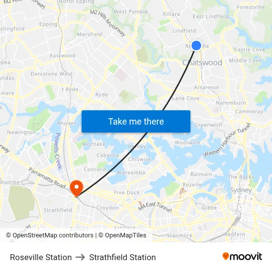 Roseville Station to Strathfield Station map