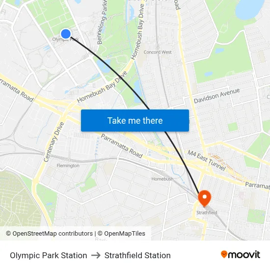 Olympic Park Station to Strathfield Station map